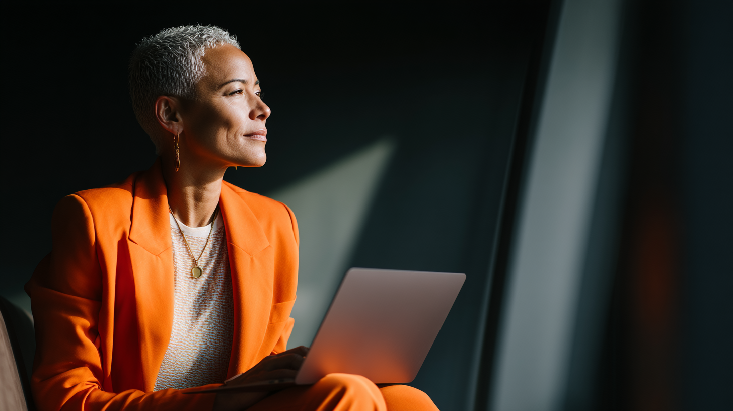 Person in orange suit using laptop.