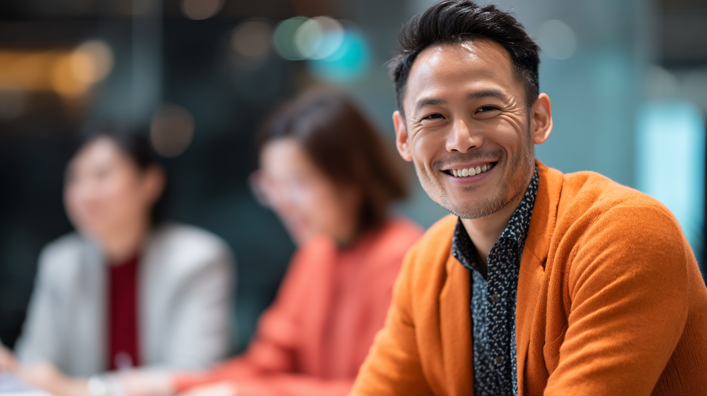 Smiling man in a meeting setting.