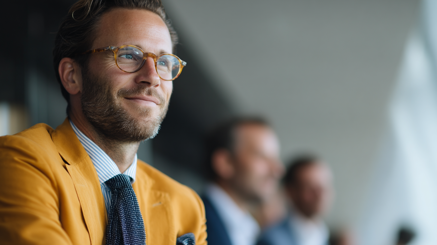 Smiling man in stylish orange suit.