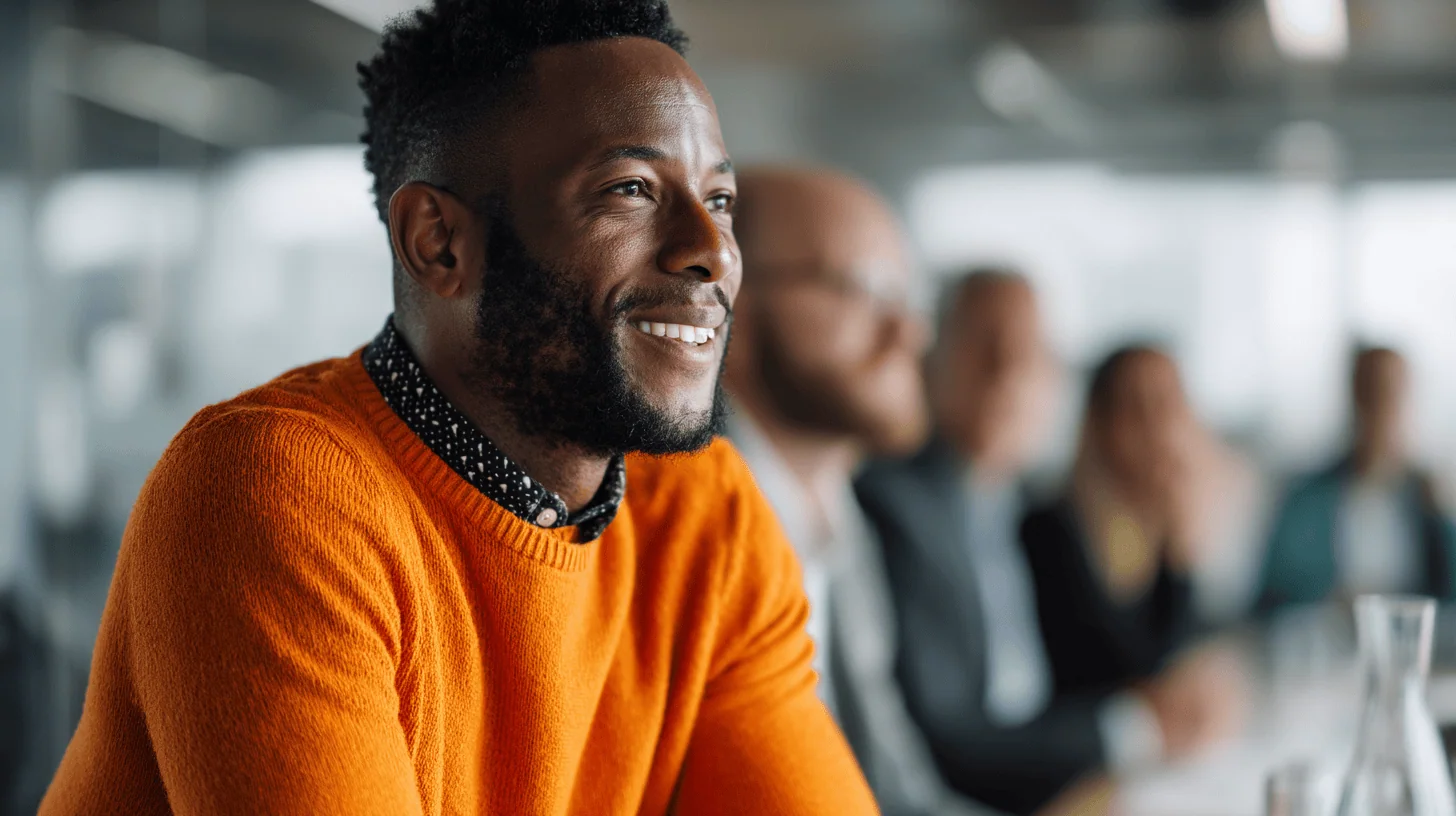 Smiling man in orange sweater, meeting.