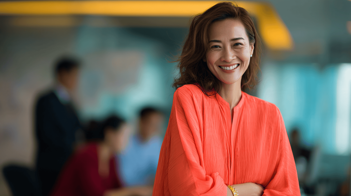 Smiling woman in vibrant orange blouse