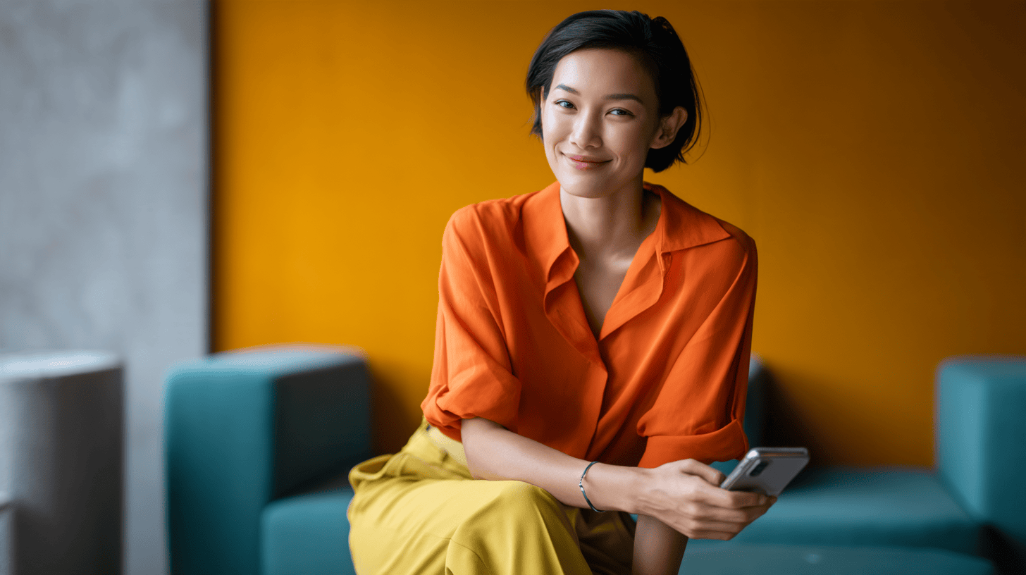 Smiling woman holding smartphone, vibrant background