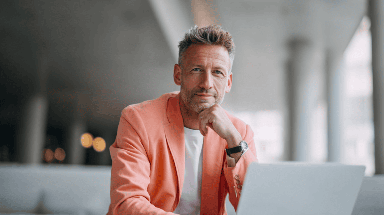 Man in pink blazer, thoughtful expression.