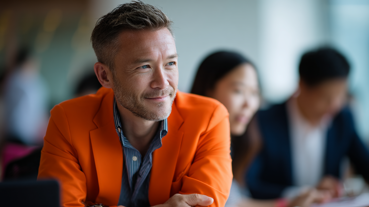 Man in orange blazer smiling thoughtfully.