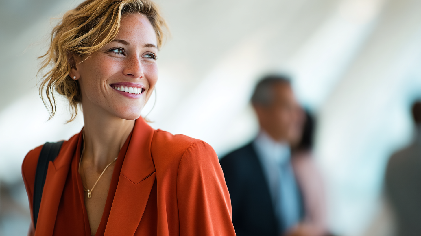 Smiling woman in professional setting.