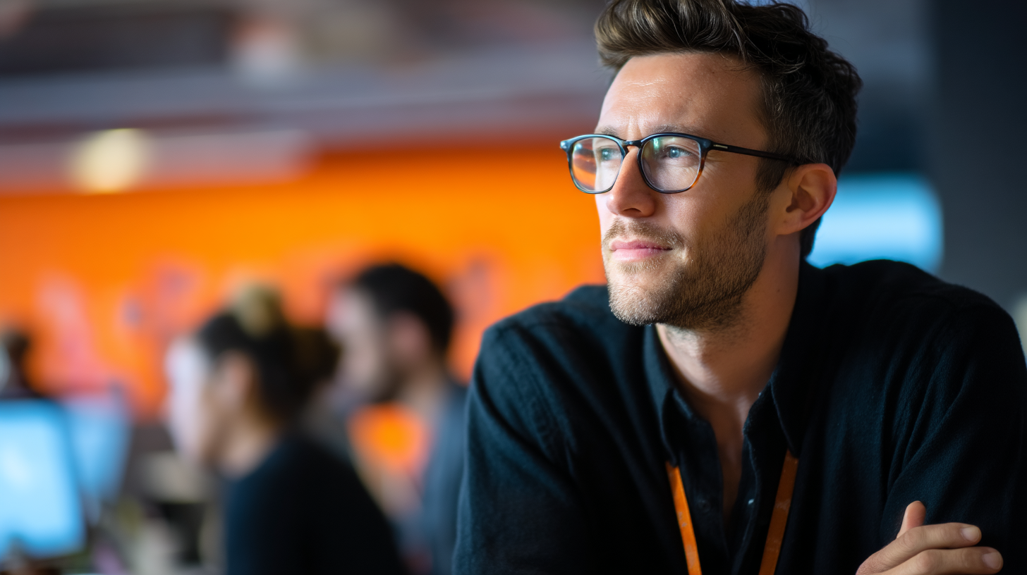 Thoughtful man in modern office setting.