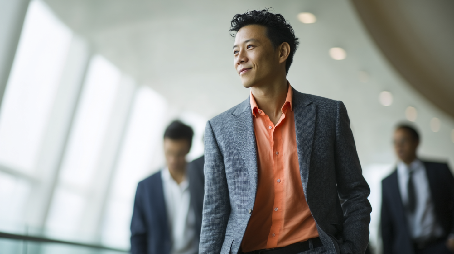 Confident businessman in modern office setting.