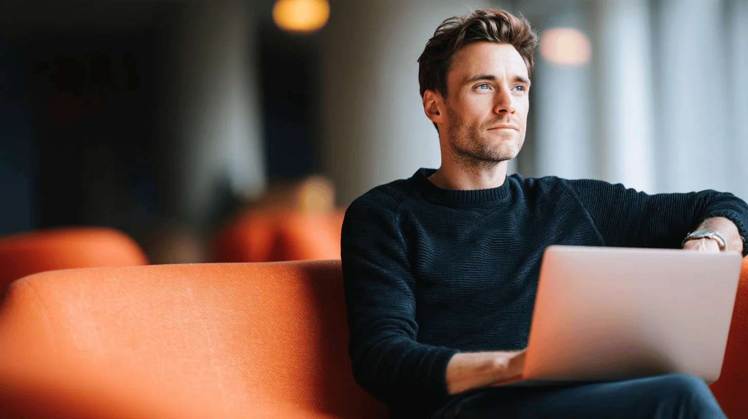 Man working on laptop, deep in thought.