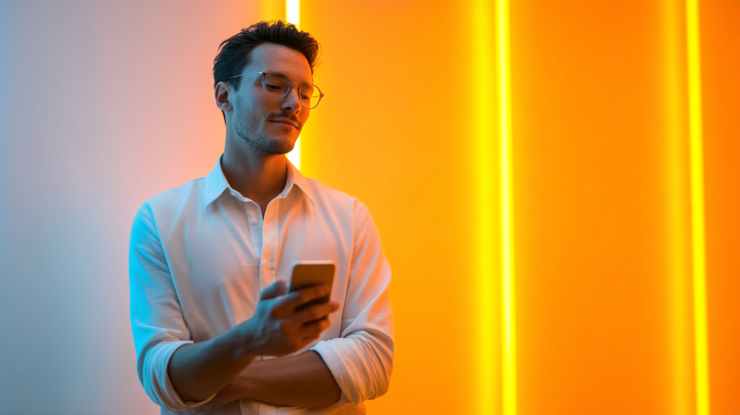 Man holding phone against vibrant backdrop.