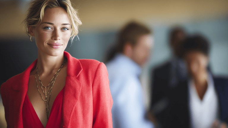 Confident woman in vibrant red outfit.