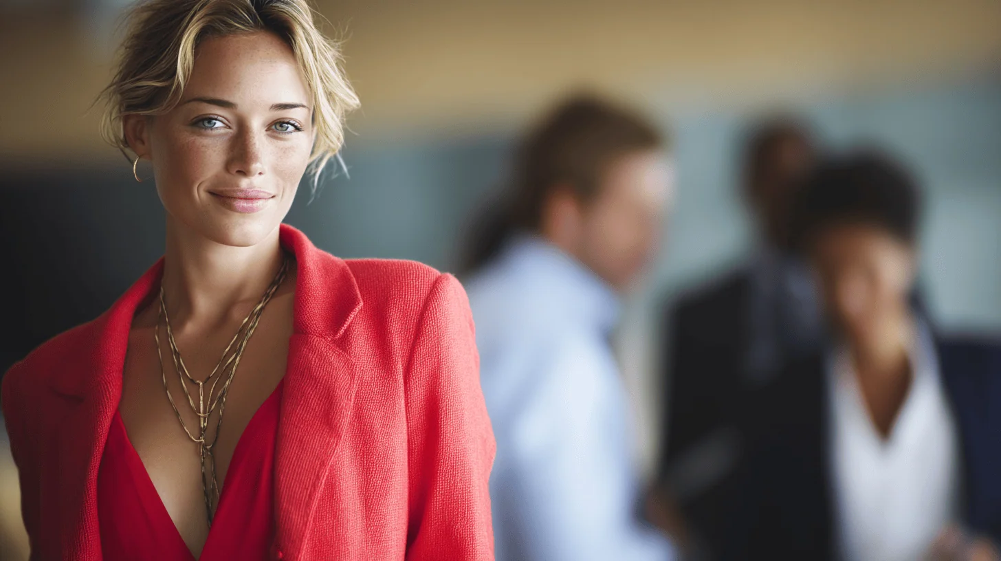 Confident woman in vibrant red outfit.