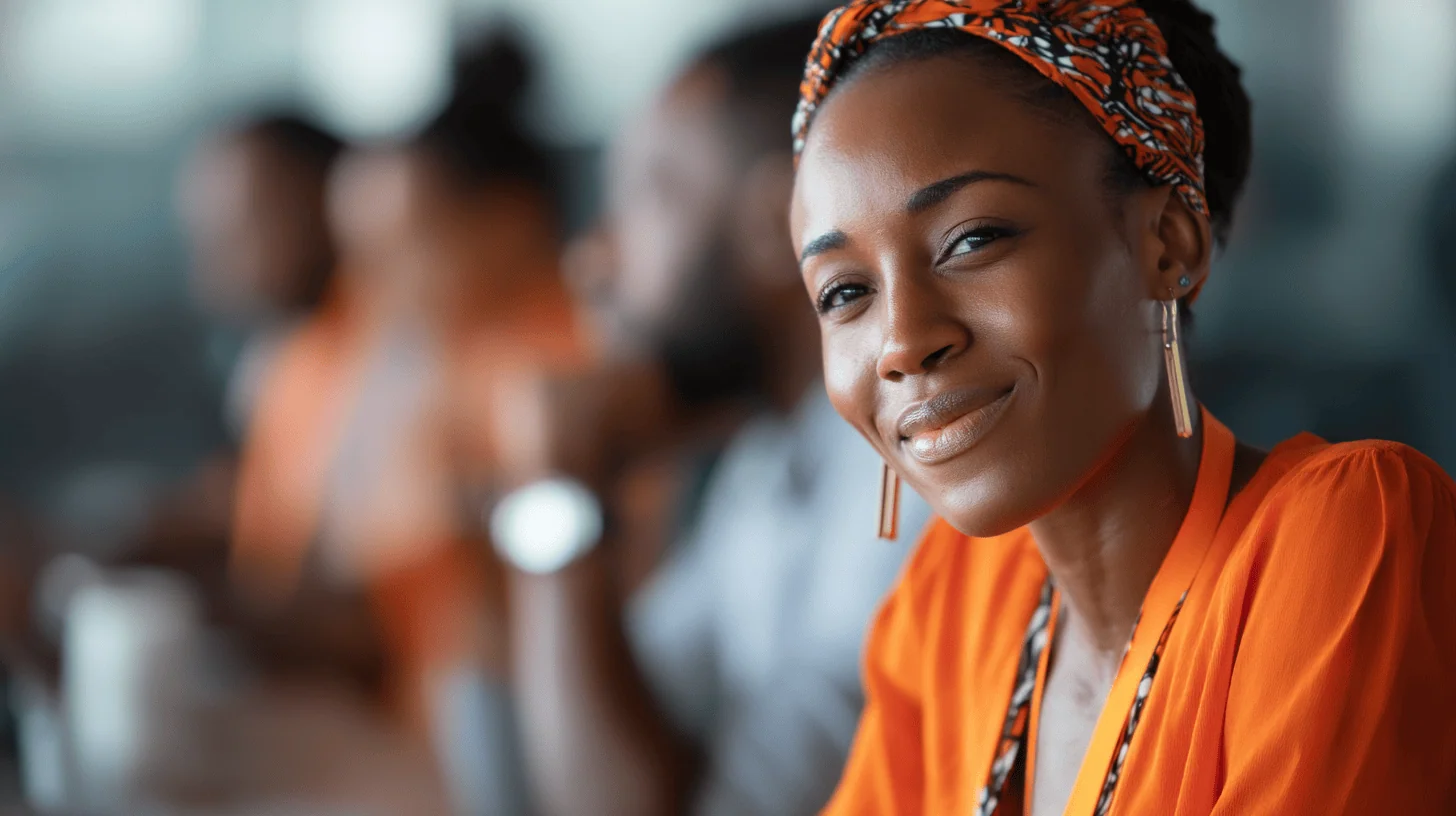 Smiling woman in vibrant orange attire.