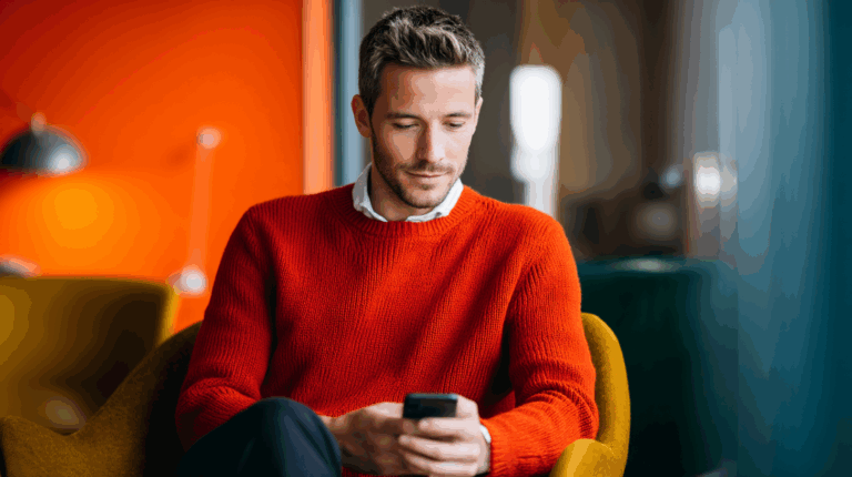 a man in a red sweater looking at his phone