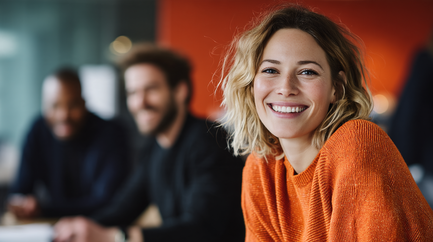 Smiling woman in vibrant orange sweater