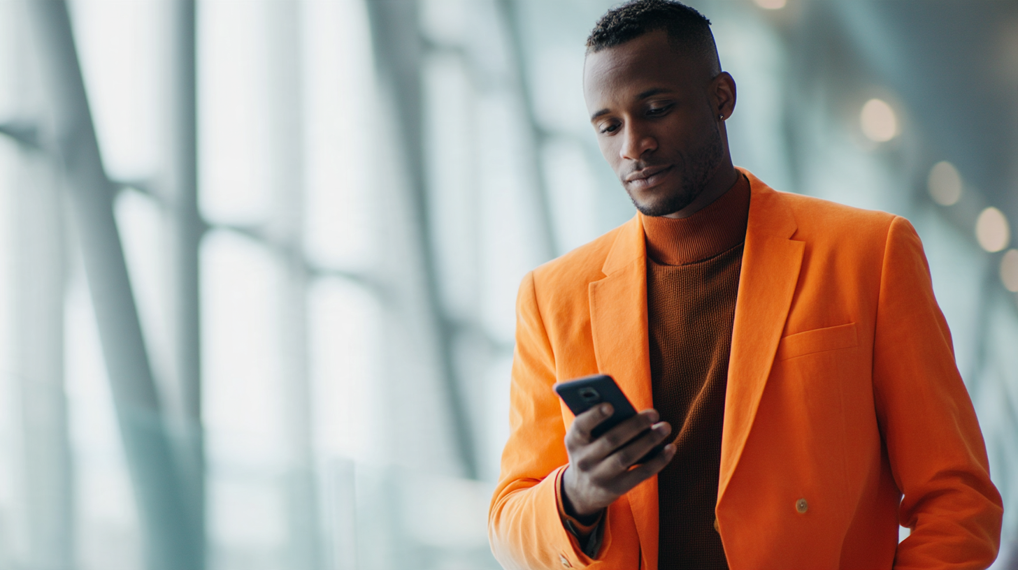 Man in orange suit using smartphone.