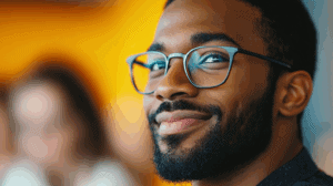 a man wearing glasses and smiling