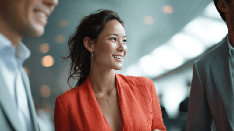 Smiling woman in vibrant orange attire.