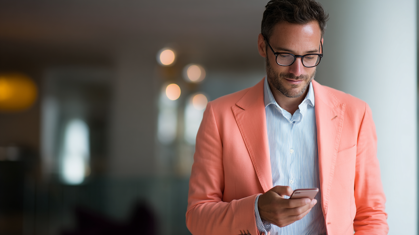 Man in pink blazer using smartphone.