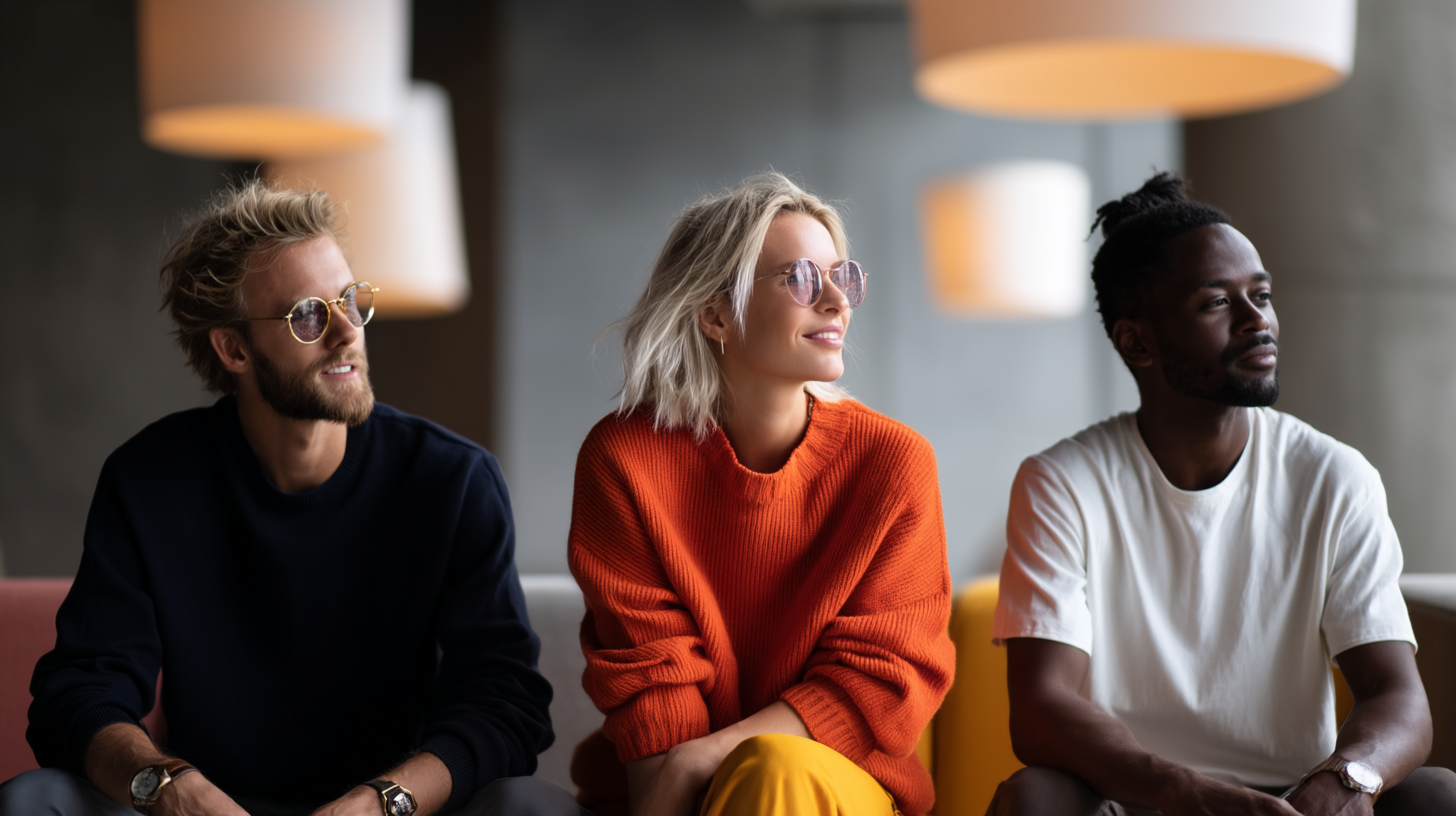 Three people sitting in a modern setting.