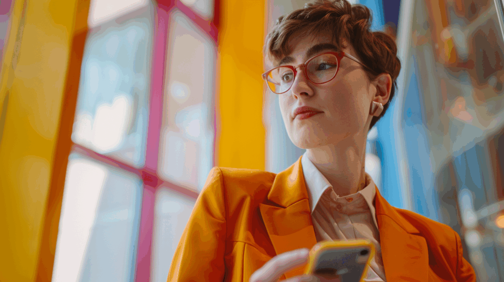 a woman in orange suit holding a phone
