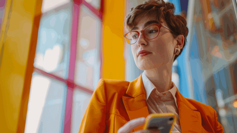 a woman in orange suit holding a phone