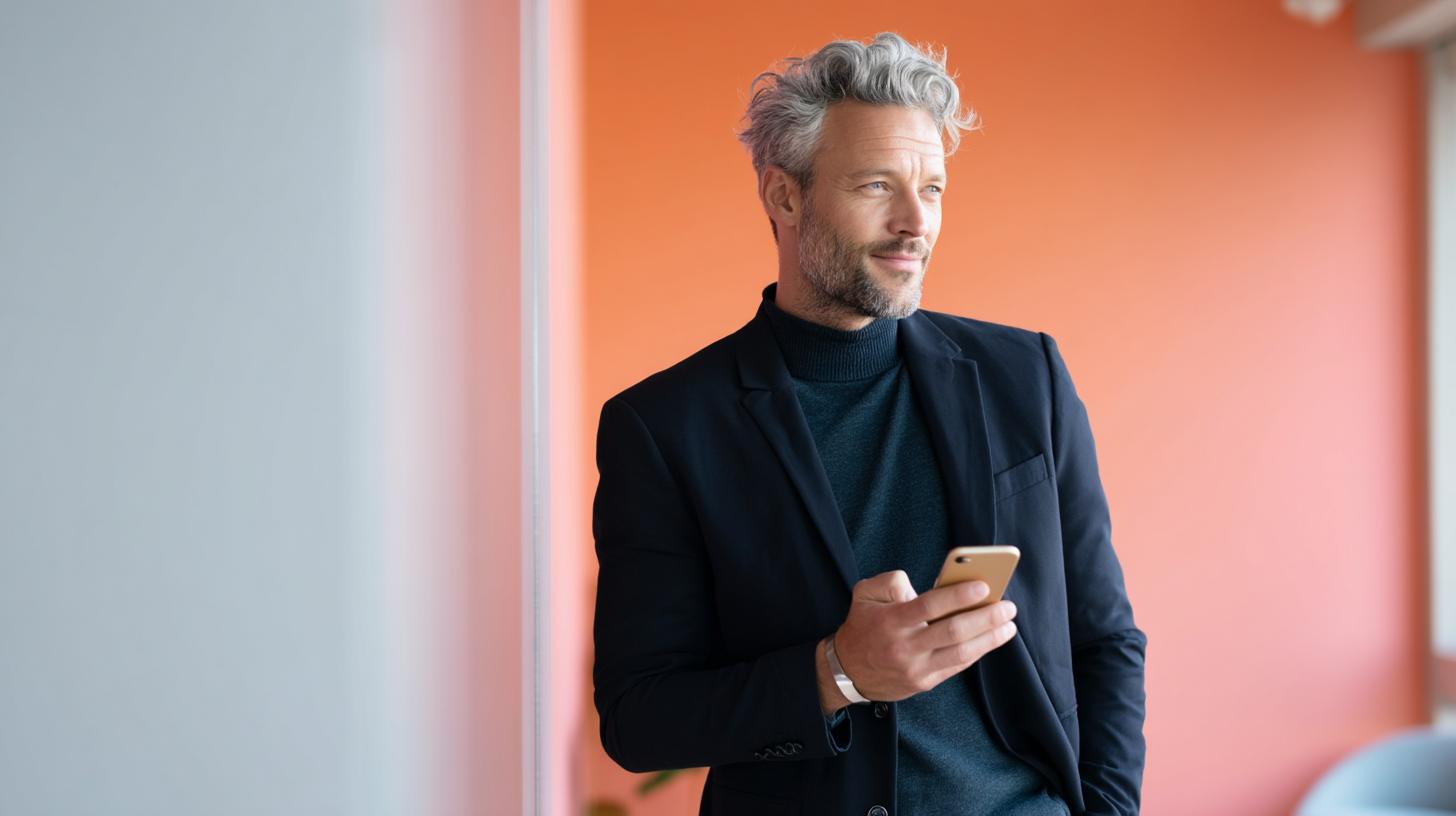 Man in suit using smartphone indoors.