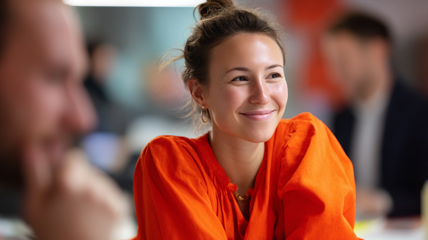 Woman in bright orange top, engaged.