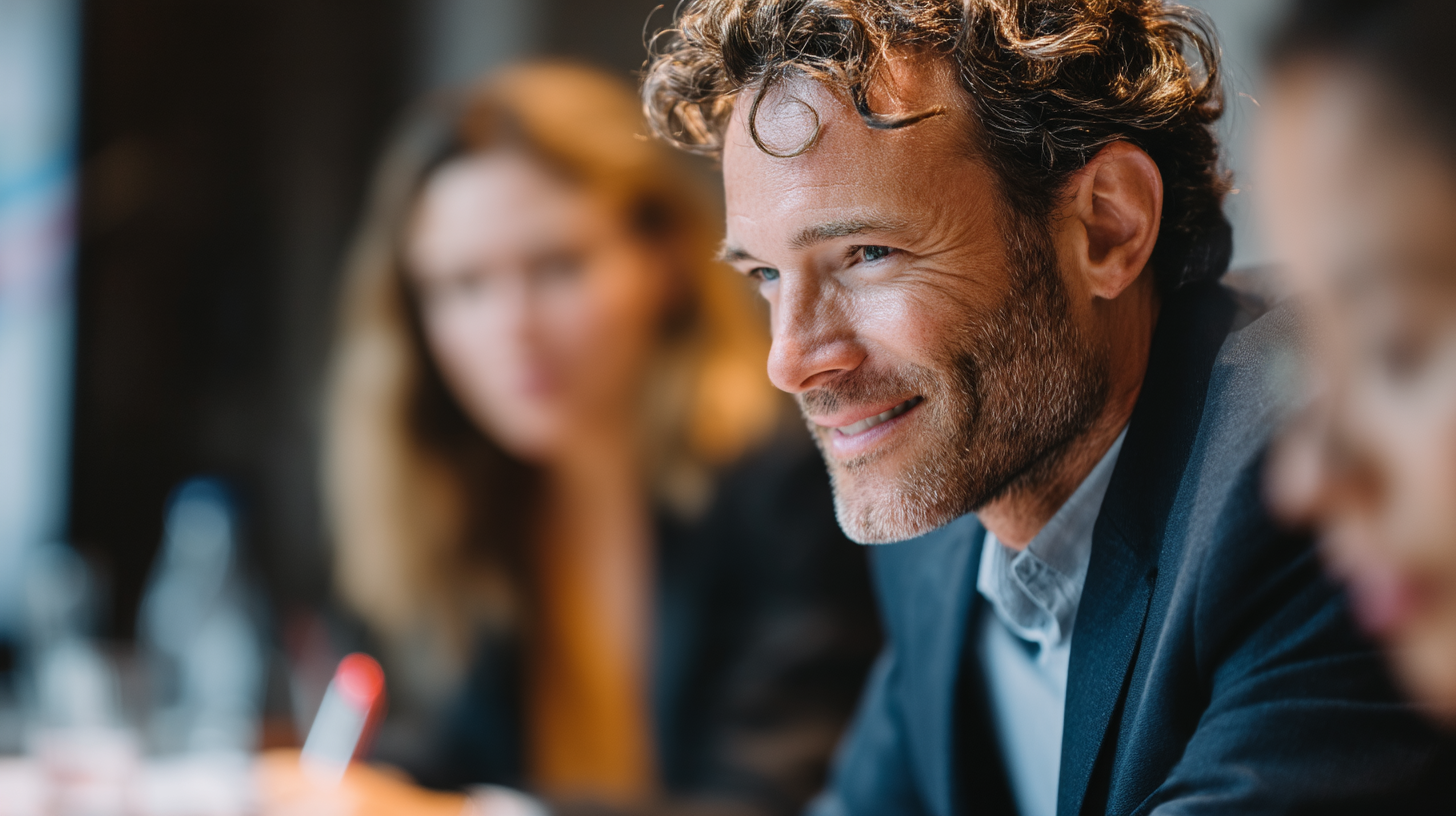 Man smiling during a meeting.