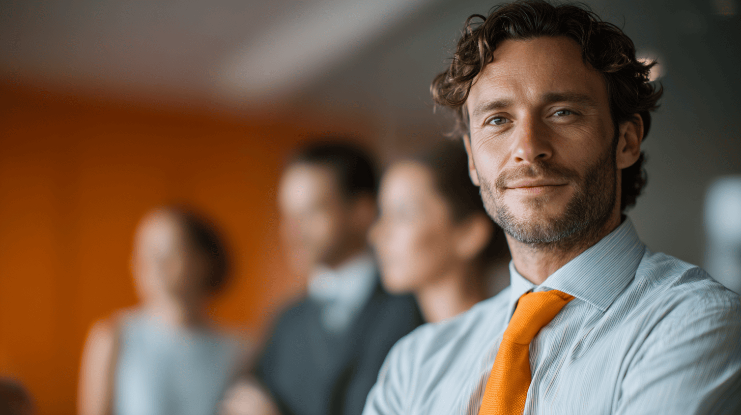 Business meeting with blurred participants.