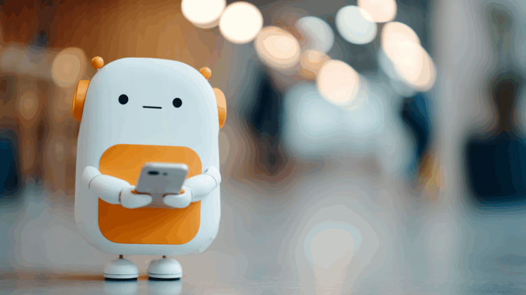 a white and orange robot holding a cellphone