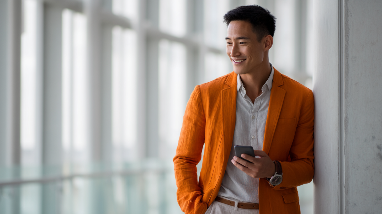 Man in orange jacket using smartphone.