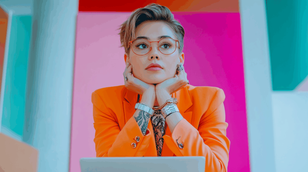 a woman with her hands on her chin