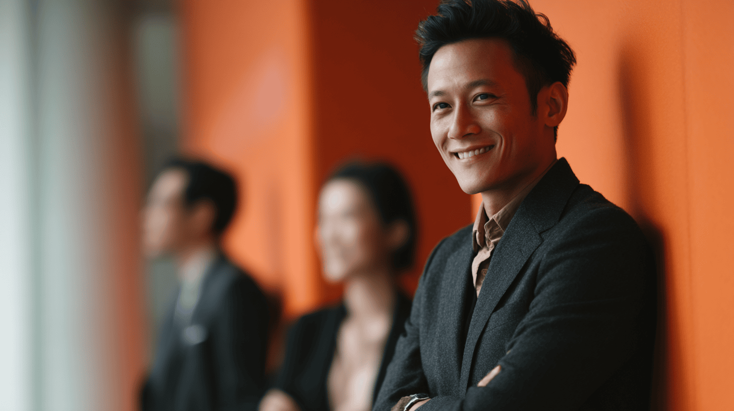 Smiling man against orange background.