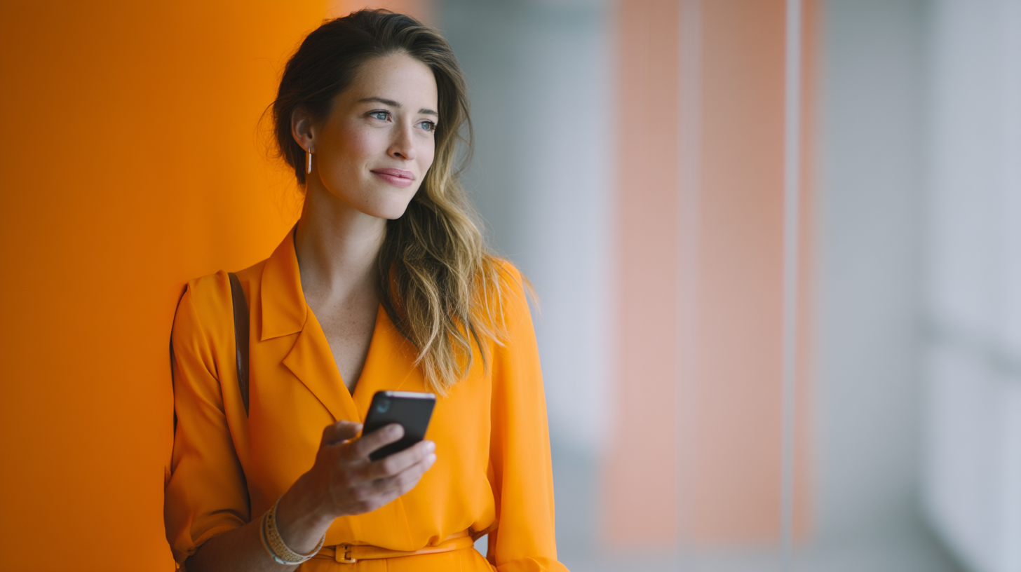 Woman in orange dress using smartphone.