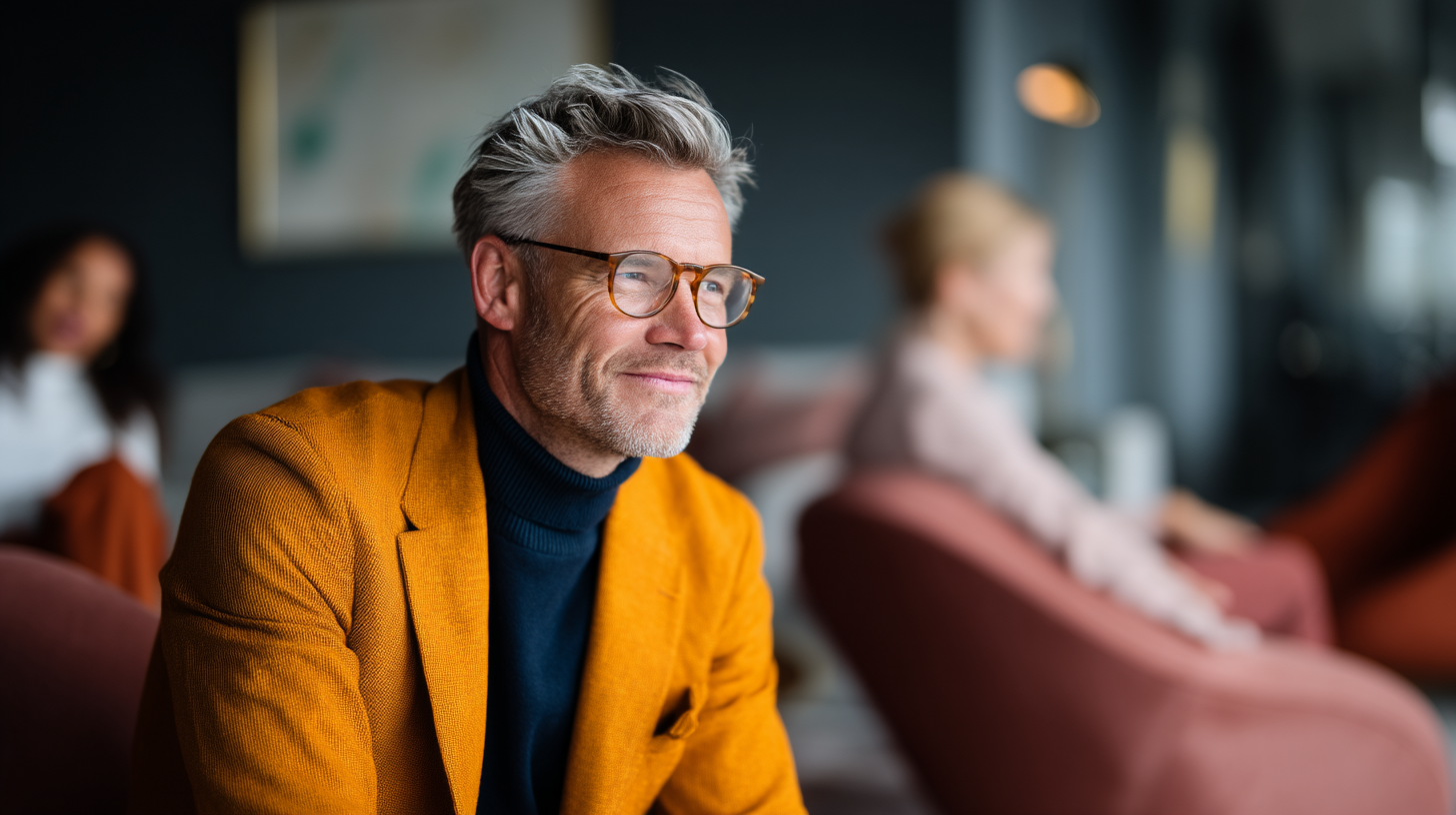 Stylish individuals in a modern setting.