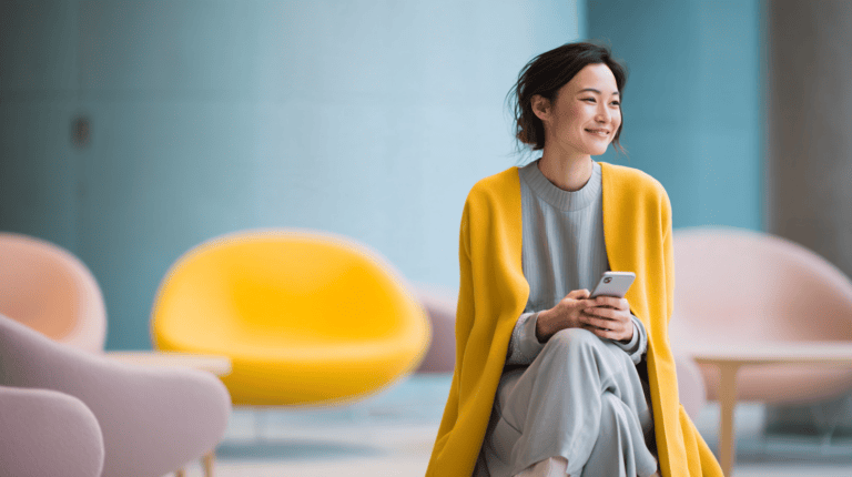 Smiling woman in a vibrant setting.