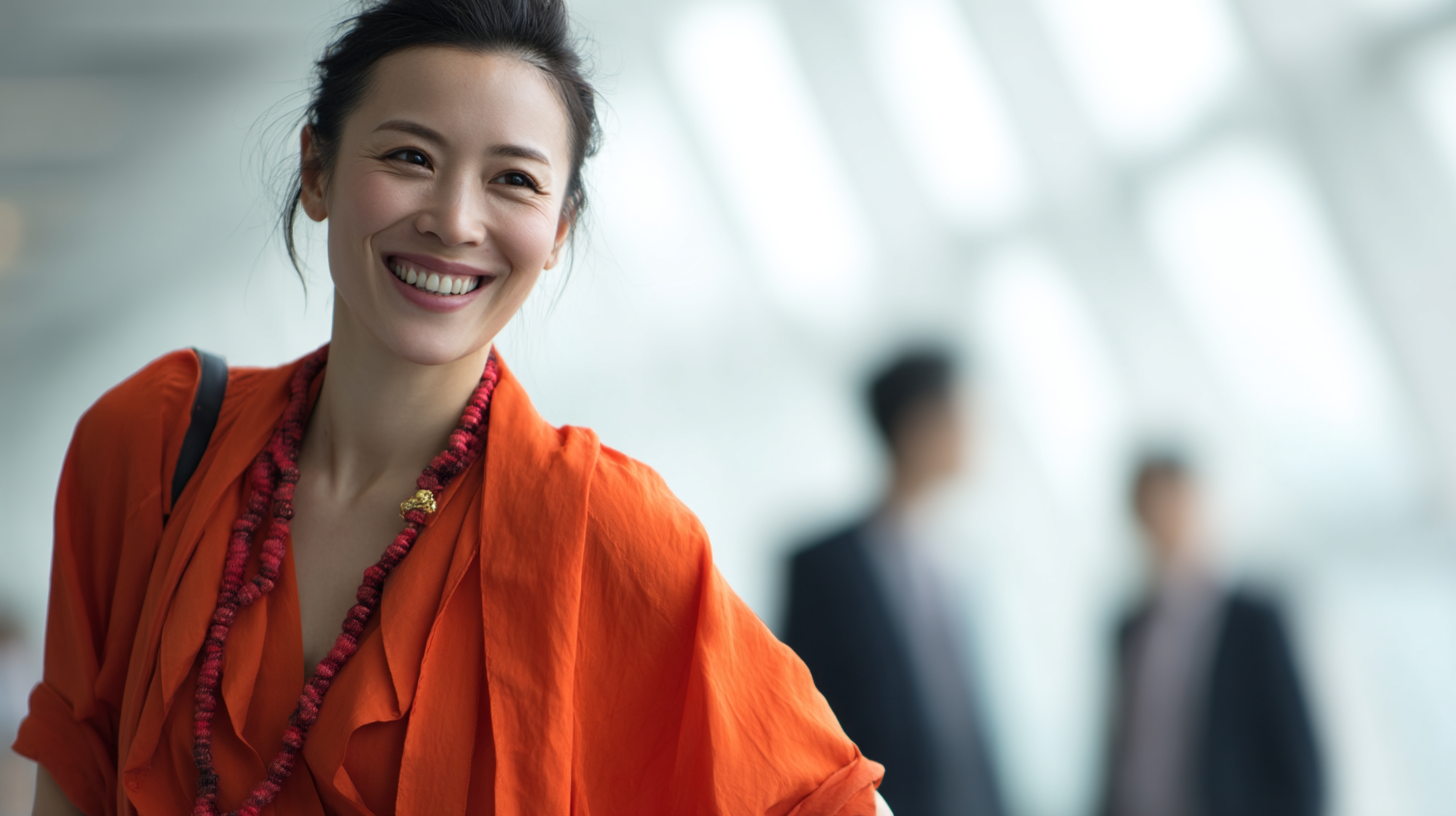 Woman in orange outfit, blurred background.