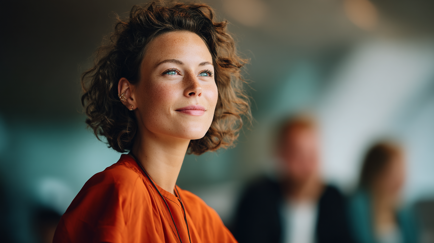 Person in orange attire, blurred background.