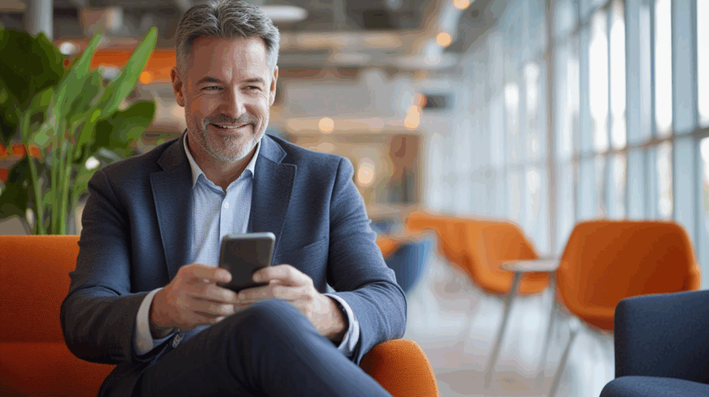 a man sitting in a chair holding a phone