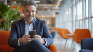 a man sitting in a chair holding a phone