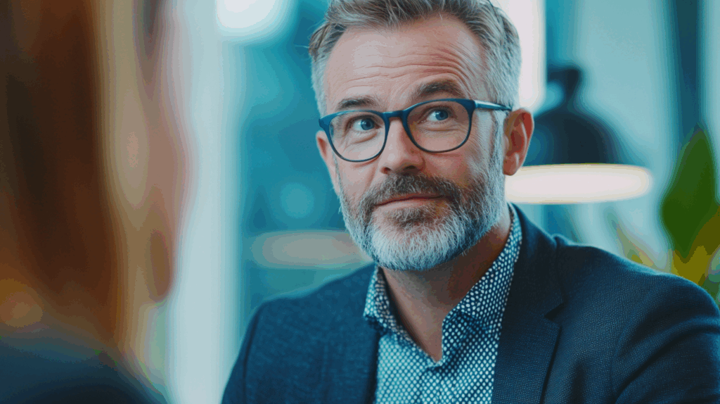 a man wearing glasses and a suit