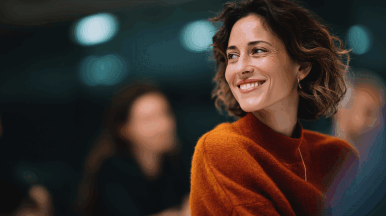 Woman in orange sweater, thoughtful expression.