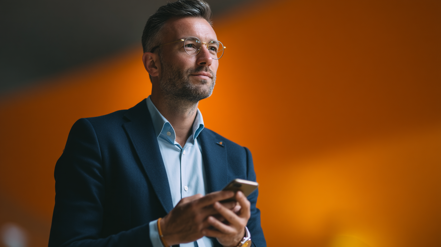 Man in suit using smartphone indoors.