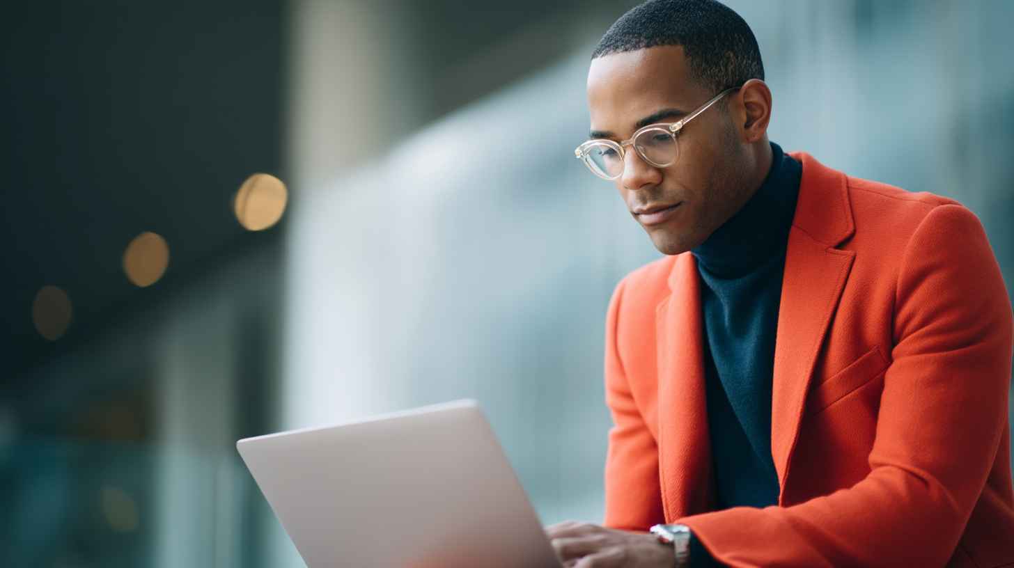 Man in orange blazer using laptop.
