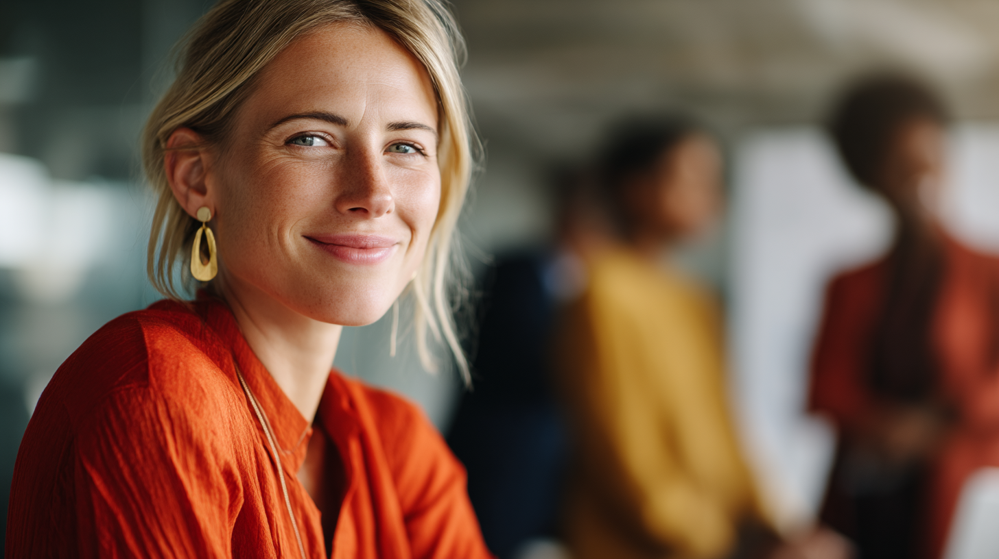 Smiling woman in vibrant orange attire.