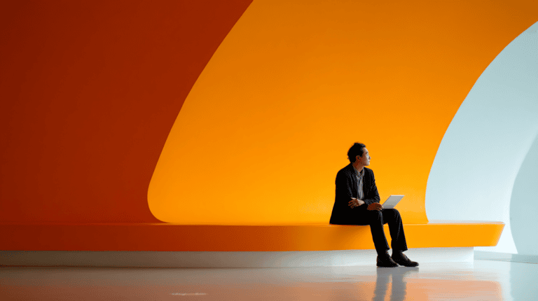 Person sitting against vibrant orange wall.