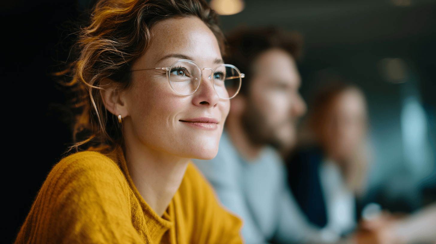 Professional woman listening attentively during a business meeting, showcasing engagement and teamwork for SEO relevance.