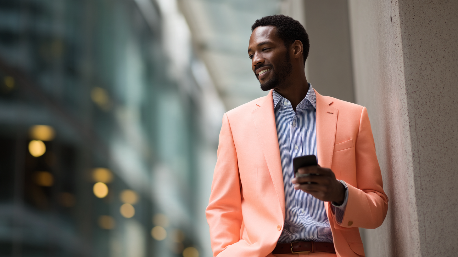 Smiling man in pink suit, using phone.