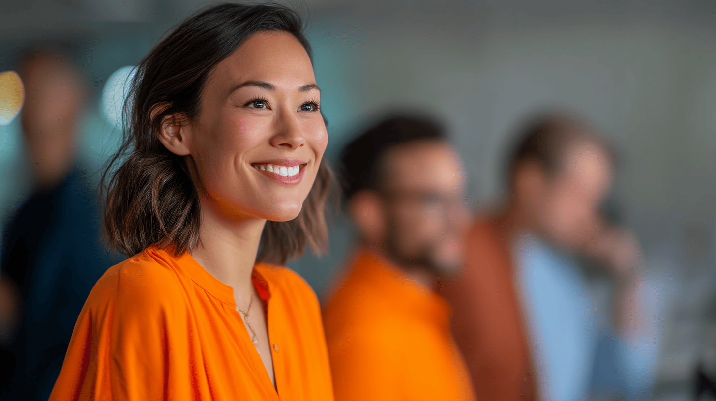 Smiling woman in vibrant orange blouse