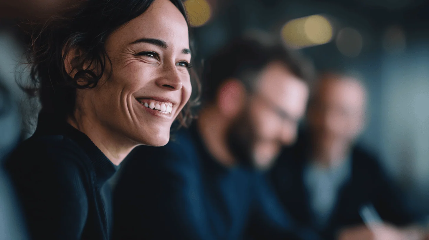 Smiling woman in a meeting setting.